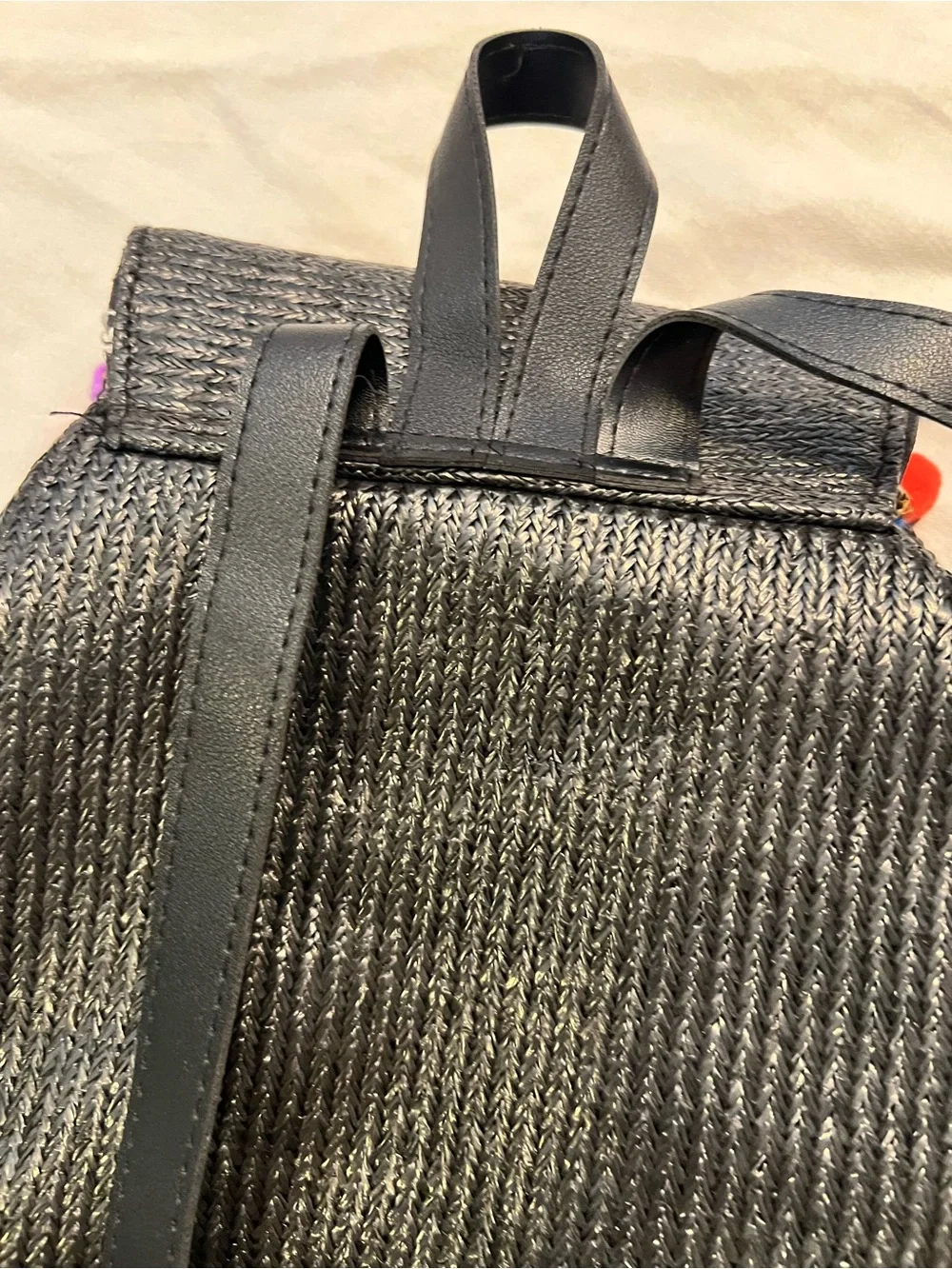 NWT Black Embroidered Mesh Sequins Boho Pom-Pom Woven Straw Backpack